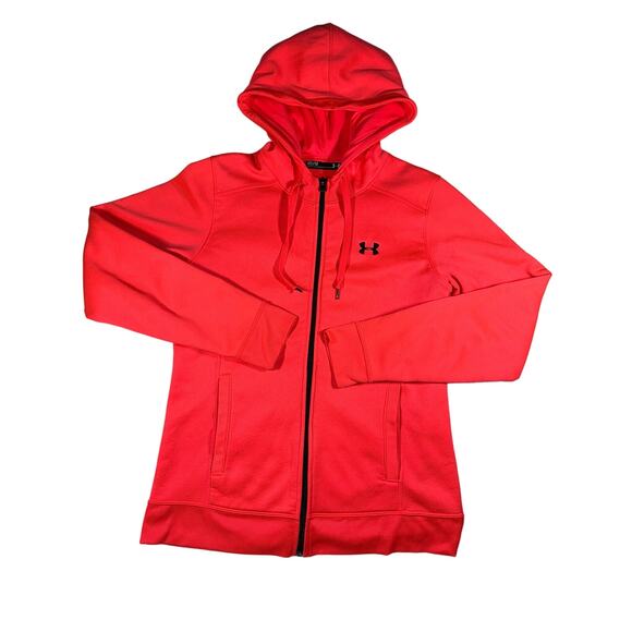 UNDER ARMOUR Neon Orange Hooded Jacket Sz Medium Zip-Front Fleece Inner Pockets - Picture 1 of 6